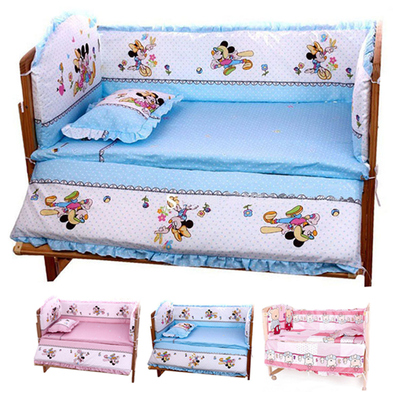 Hot 100*60CM Baby Bedding Sets Include Pillow Bumpers Mattress,Mickey Minnie Mouse Baby Cot Bedclothes Decoration,5pcs In 1 Set