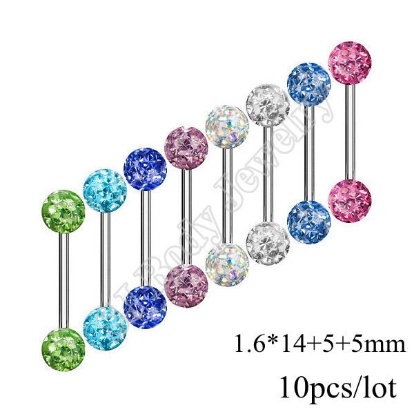10 Pcs 14G Tongue Barbell Piercing Ring  Ball Epoxy CZ Gem Rings Curved Barbell Body Pircing Jewelry Piercing Omiligo