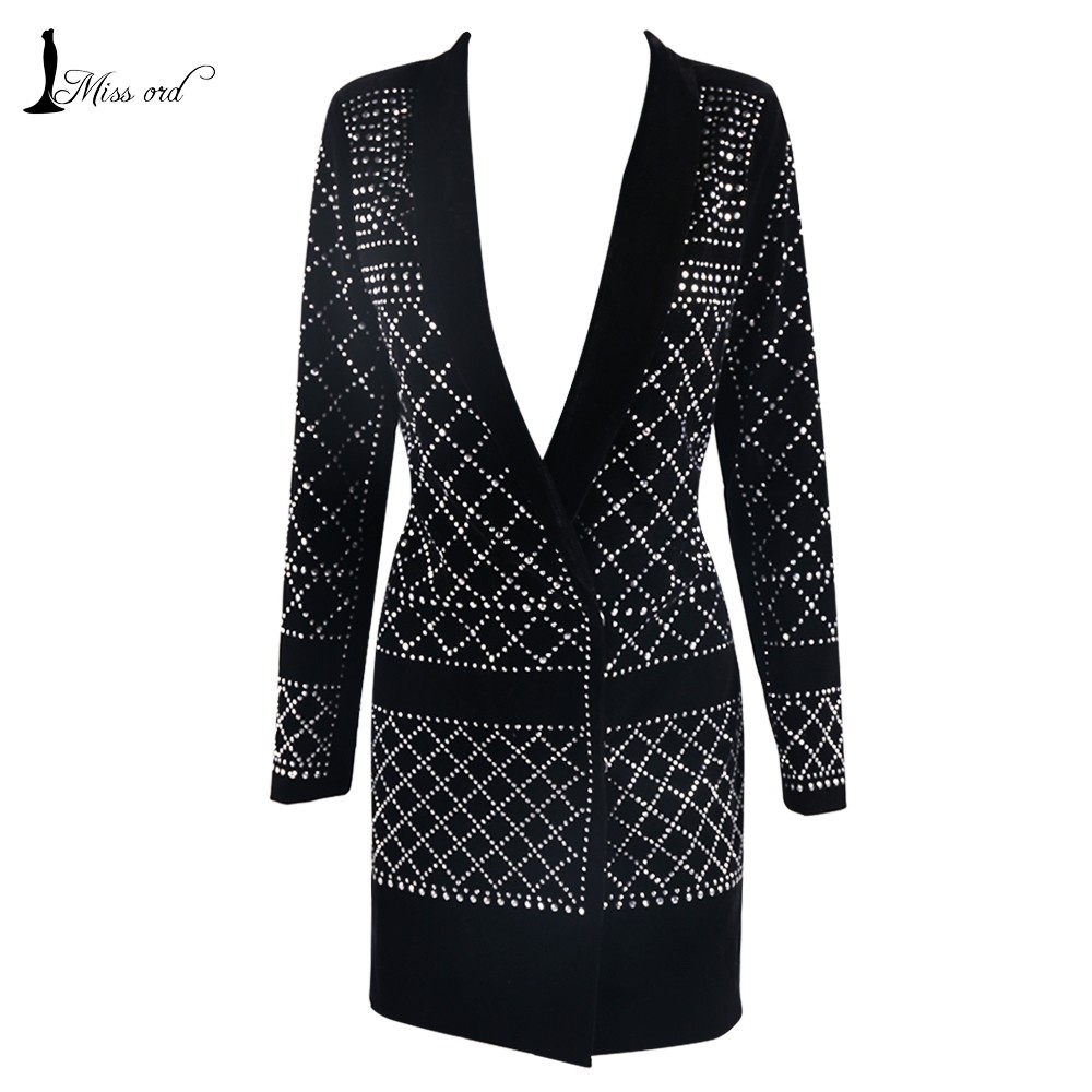 Missord 2016 Sexy V-neck long-sleeved geometric studded velvet blazer dress FT3612 Rhines...