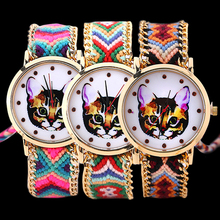 Mujeres étnico cuerda tejida cadena de oro pulsera de la venda gato Dial cuarzo reloj de pulsera
