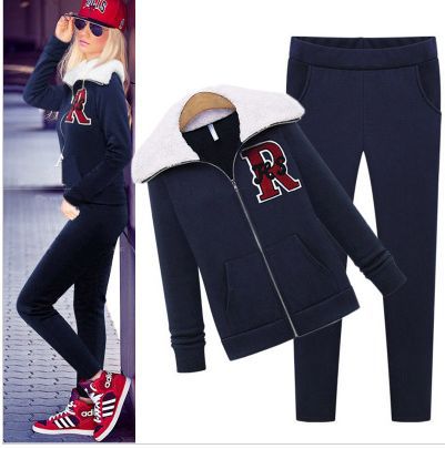 Suit Sports Winter Women Hoodie Pants Clothing set Hoody Sportswear Casual Clothes Thick Tracksuits Brand With Wool Fur Collar