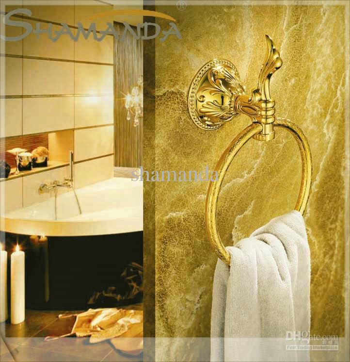shipping-European Style Luxurious Brass Gold-Plating Round Towel Ring bathroom accessories-wholesale-66007G pop square