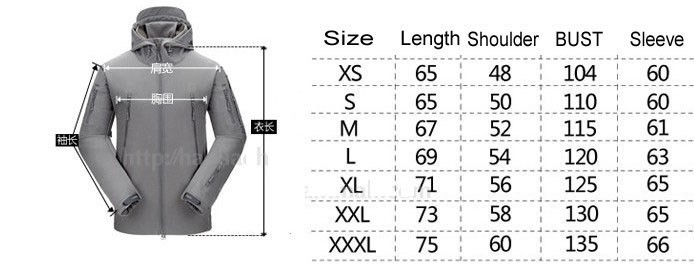 Soft Shell Jacket Size Chart