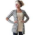 FancyQube Autumn Cardigan Women Elbow Patch Long Sleeve Shawl Collar Striped Open Front Cardigans Sweater Knitted
