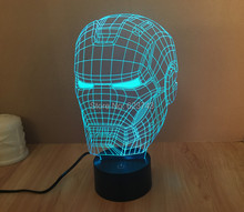 Free Shipping 1Piece 3D color changeable Avengers Iron Man Helmet Model LED Night Light USB 3D LED Mood Lamp For Christmas Gifts