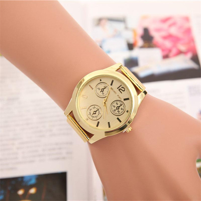 2015 Fashion Golden Belt Quartz Wrist Hour Gold Bracelet Big Dial Watches Wristwatches Men Women Watch