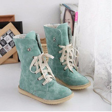 Ladies Fashion Cheap big size(4-12)Lace-up Warm Winter Velvet Mid-calf platform Flat boot Snow boots women shoes girls Bootie