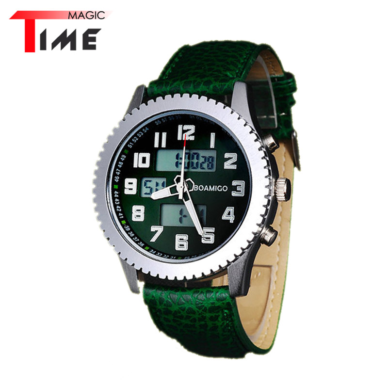 [Time Magic] Quartz Double Display Watches Casual Leather Watch Band Sport Mens Outdoor Wristwatches Fashion New Arrival