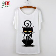 Camisetas Mujer Black Cat Print Tshirt Women Tops Harajuku Loose T-Shirt 2016 Summer Clothing For Lady White T shirt Female Tees