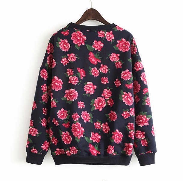 New autumn winter 2015 women\'s o-neck T-shirt with red flowers printed velvet hedging sweatershirts branded free shipping (3)