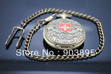 Vingtage SWITZERLAND Bronze Copper Tone hand wind skeleton Mechanical Fob Pocket Watch Mens Pendant Watch Chain