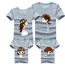 Family Matching Outfits Mother Father Son Daughter 15 Colors Cartoon Bride Bridegroom Print Women Men Children Boy Girl T Shirt