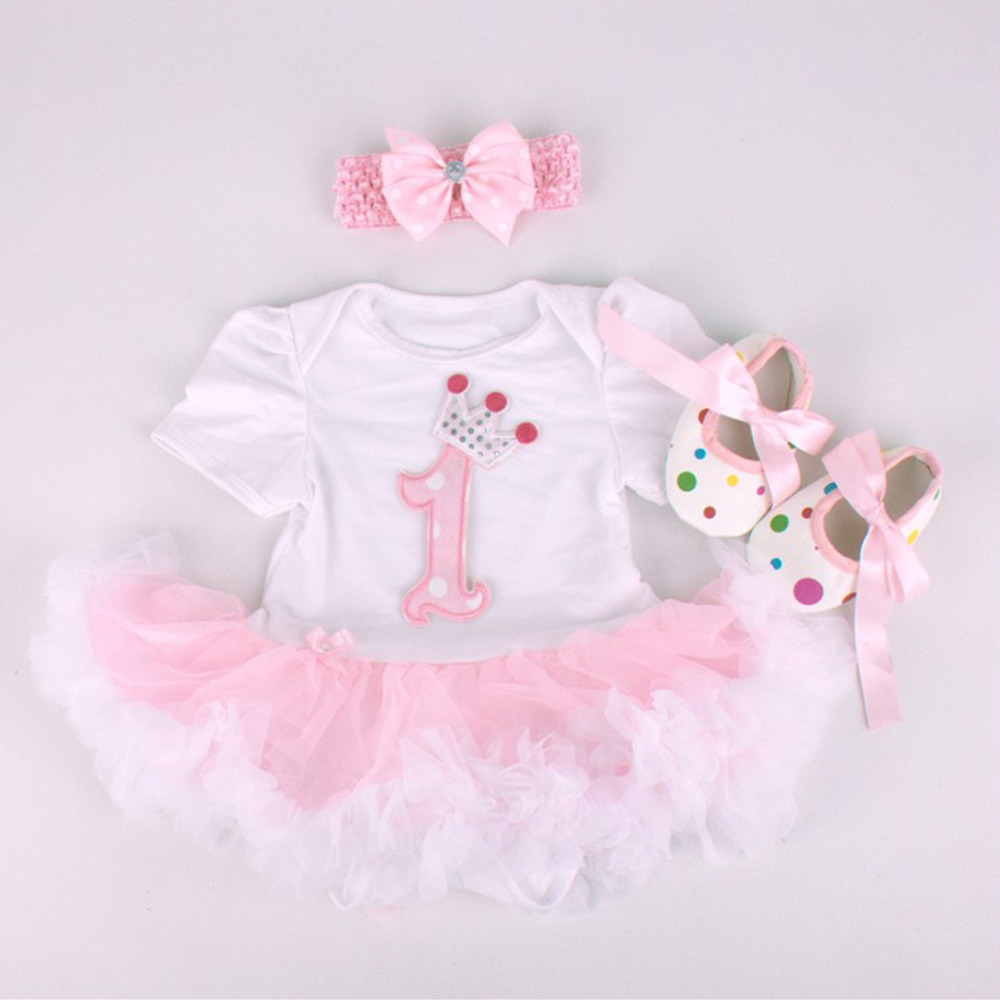 Baby Rompers 3PCs Infant Clothing Set Baby Girls White Pink 1st Birthday Tutu Dress Jumpersuit Headband