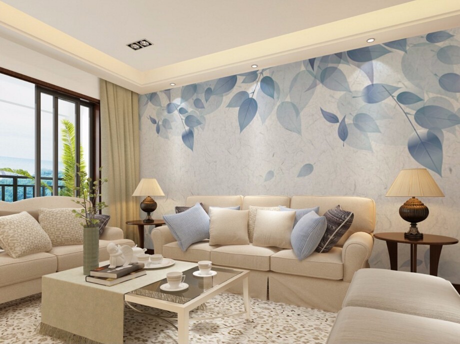 Papel pintado floral personalizado, hojas azules, murales modernos para