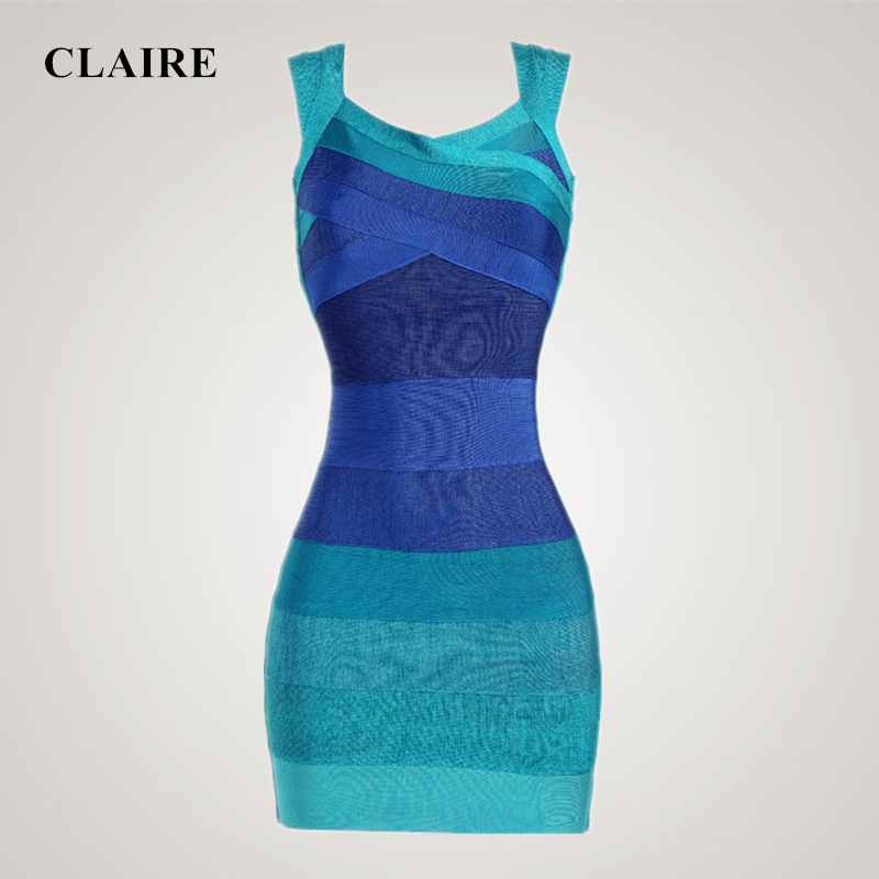 Claire 2015 Summer Blue Gradient Spaghetti Strap Striped V Neck Ladies Sexy Party Rayon Dress Womans HL Bandage Dresses L066