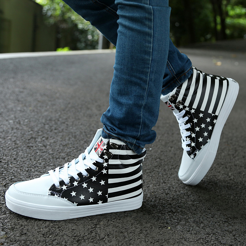Top quality men high top sneakers flag print flat shoes casual leather shoes cool guy hip