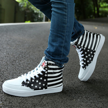 Top quality men high top sneakers flag print flat shoes casual leather shoes cool guy hip