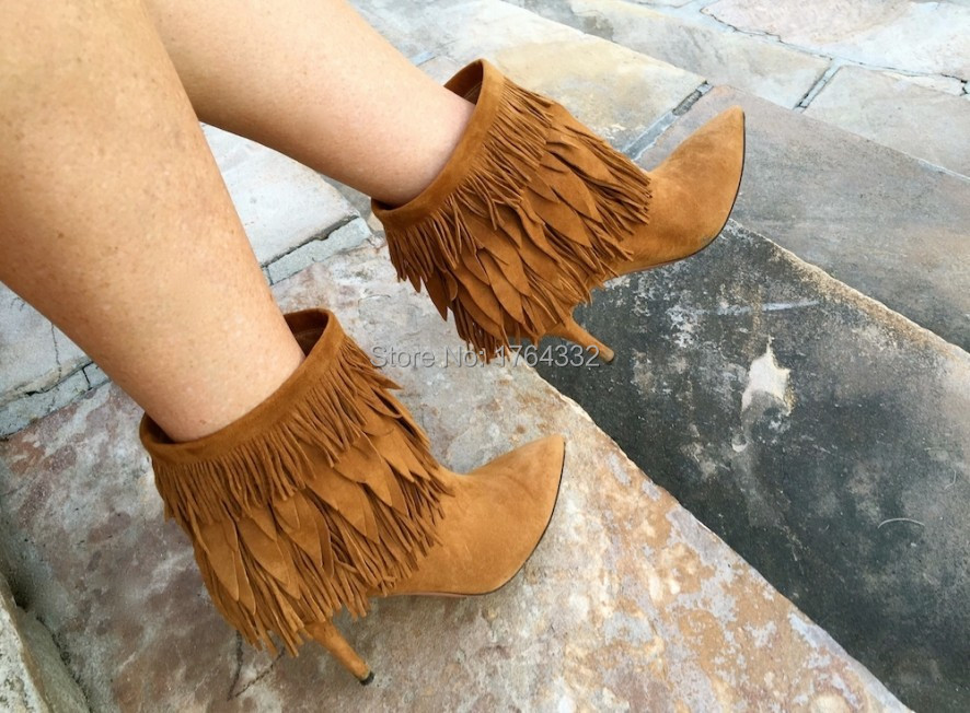 New!women bohemian tassel ankle bootie Brown Sasha Layered-Fringe Ankle Boots stiletto heel pointed toe tan suede Sasha boots