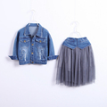 2016 New Children s Clothing Girls Fashion Two piece Suits Denim Jacket And Net Yarn Long