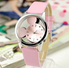 Relojes Mujer 2015 nueva moda casual Relojes mujeres se visten de cuarzo reloj de Mickey del cuero del dial hueco pulsera relogio feminino