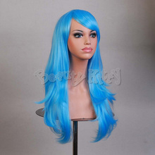 70cm Sky Blue Long Curly Scroll Wavy Wig Lace Cap Synthetic Hair Anime Cosplay Party Wigs Oblique Bangs Fringe Women Ladies