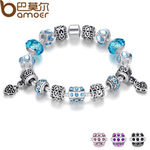 BAMOER Scorching Promote European Kind Silver Crystal Enchantment Bracelet for Women With Blue Murano Glass Beads Jewelry PA1394