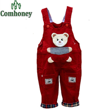 Cute Baby Overalls Cartoon Bear Print Spring Autumn Girls Boys Jumpsuits Corduroy Solid Denim Pants Jeans Infant Kids Trousers
