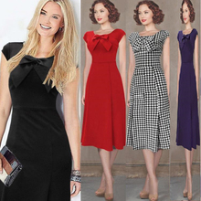 Women’s Summer Dress Short Sleeve Vintage Rockabilly Patchwork Tartan Check Wear to Work Party Bow Stretch Bodycon Dresses Women