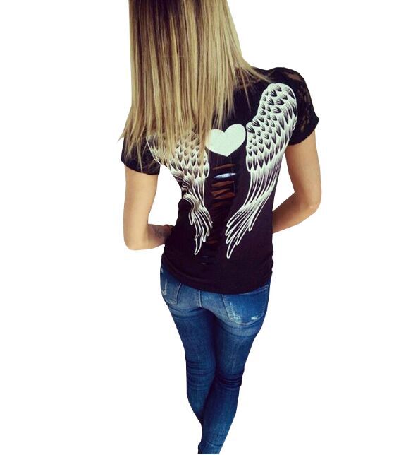 Fashion Women s T shirt Back Hollow Angel Wings T shirt Tops Summer Style Woman Lace