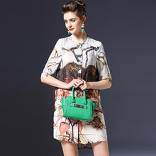 Shirt dress 100% silk new 2016 spring summer dress half sleeve O neck loose elegant runway designers vintage print women dress