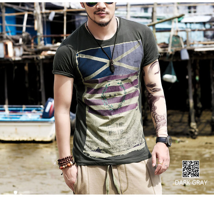 Free Shipping Harajuku T Shirt Men Designer Clothes Cross Flag Print T Shirts Vintage Military T-Shirt Color Block Striped Tops