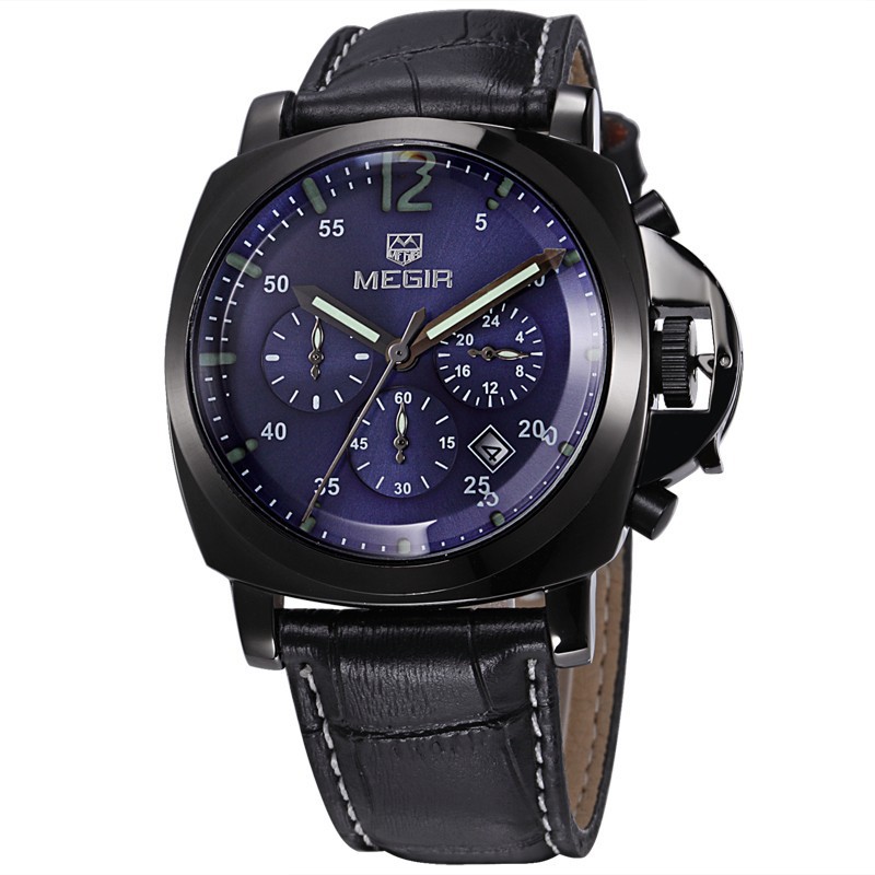 Luxury MEGIR Brand Leather Chronograph 6 Hands 24 Hours Function Men Quartz Watches Men Military Wristwatch
