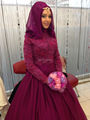 Oumeiya OW518 Burgundy Color Lace and Chiffon Ball Gown Floor Length Hijab High Neck Long Sleeve