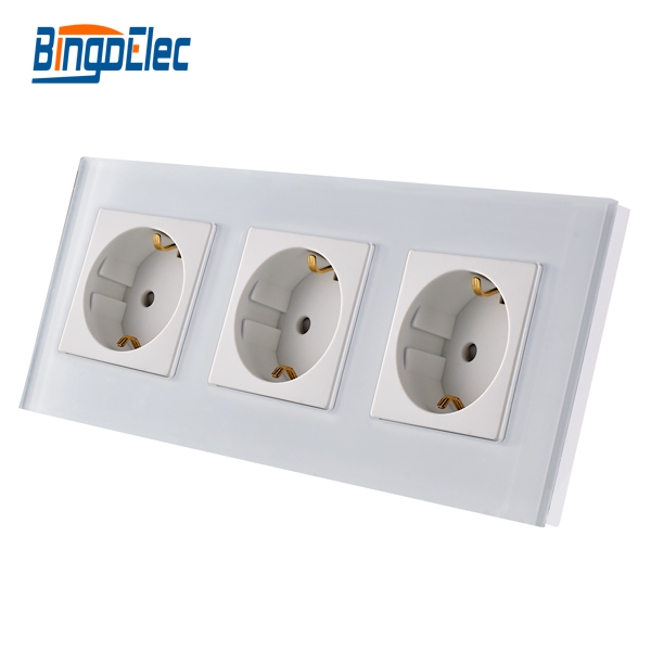 EU standard 3 gang power socket,germany wall socket,white Crystal toughened glass panel,16A socket,free shipping