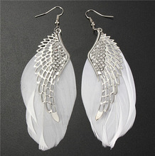 2015 Hot Selling Alloy Angel Wing Feather Dangle Earring Fashion Jewelry Chandelier Drop Long Earrings for Women Gilrs