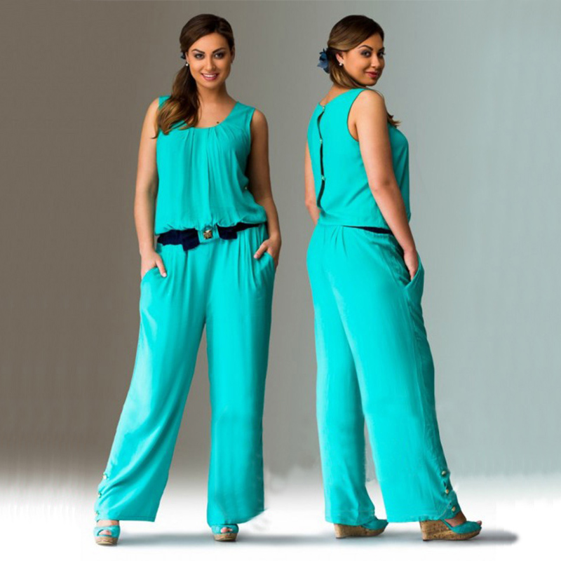 Fashion Women Big Size Elegant Jumpsuit Summer O-neck Vest Tops Back Hollow With Button Full Length Rompers Casual Overall M0243