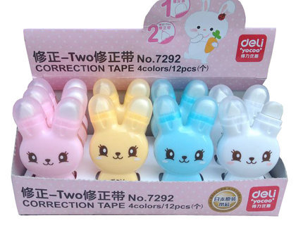 12 pcs correction tape and eraser for student rabbit type 5mmx6m school and office supplies 4 colors are available Deli 7291