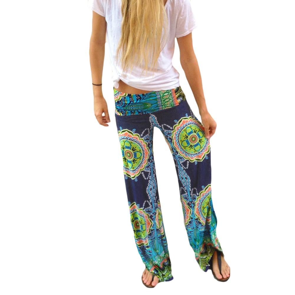 Богемского женские брюки цветочный принт эластичный высокая талия брюки свободного покроя с длинными широкий палаццо брюки мешковатые штаны цвет 5