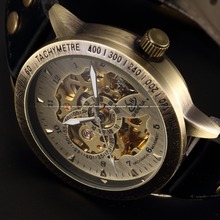 Vintage Bronze Men Wristwatch Skeleton Clock Male Leather Strap Antique Steampunk Casual Automatic Skeleton Mechanical Watches