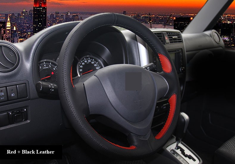 for Suzuki Jimny 2015 Black Red Leather Steering Wheel Cover Black Thread