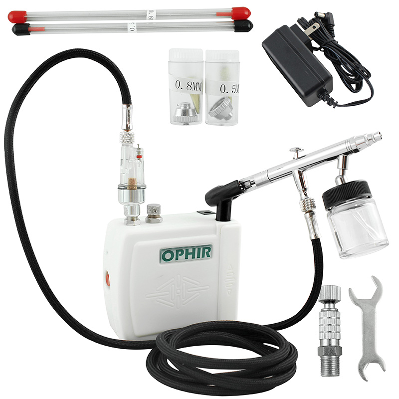 OPHIR 12V Mini Airbrush Compressor Set Dual Action Airbrush Kit 3 Tips for Temporary Tattoo Model Painting_ AC003W+AC093+AC011