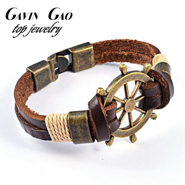 High Quality New 2015 Fashion Jewelry Vintage Stainless Steel Rudder Charm Genuine Cow Leather Bracelet For