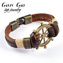 High Quality Vintage Stainless Steel Rudder Charm Genuine Cow Leather Bracelet Jewelry for Men