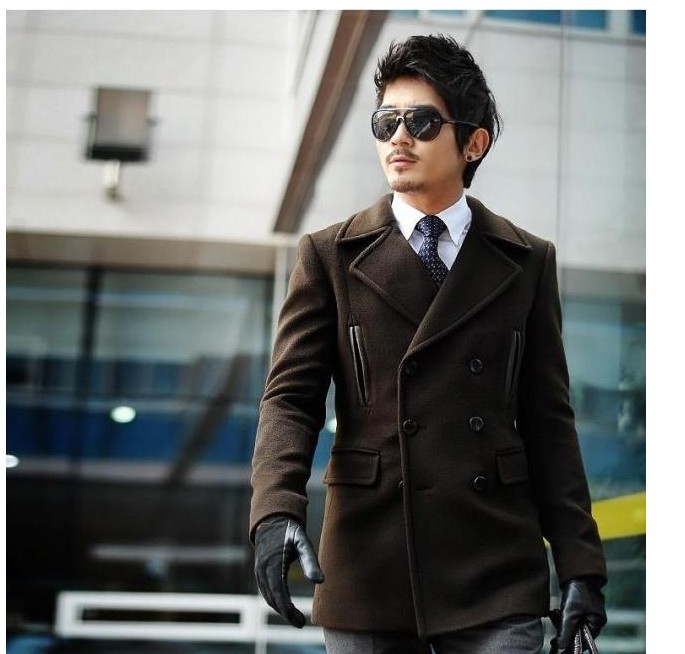 2013 men's wholesale coffee winter new slim fit double-breasted wool trench coat jacket pea coats clothes Free shipping S-3XL