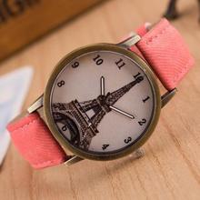 Unisex con estilo del cuarzo relojes hombres relojes mujeres reloj de tela de mezclilla mujeres vestido reloj torre Eiffel reloj relogio masculino