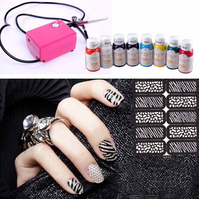 Multi Style Airbrush Nail Art Kit Aerograph Paint For Air Brush Airbrush Nail Art We Have 10 Diff Style Stencils Make Your Beauty And Special