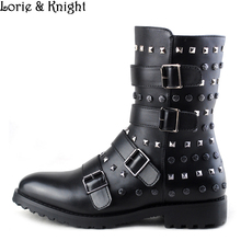 Mens Black Leather Buckle Straps Punk Rivet Rocker Mid-calf Boots Cowboy Martin Boots Mortorcycle Boots