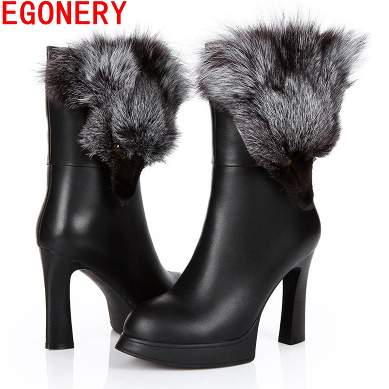 women winter shoes 2015 fox fur women boots high heel genuine leather middle boot boots fashion sexy riding boots woman shoes