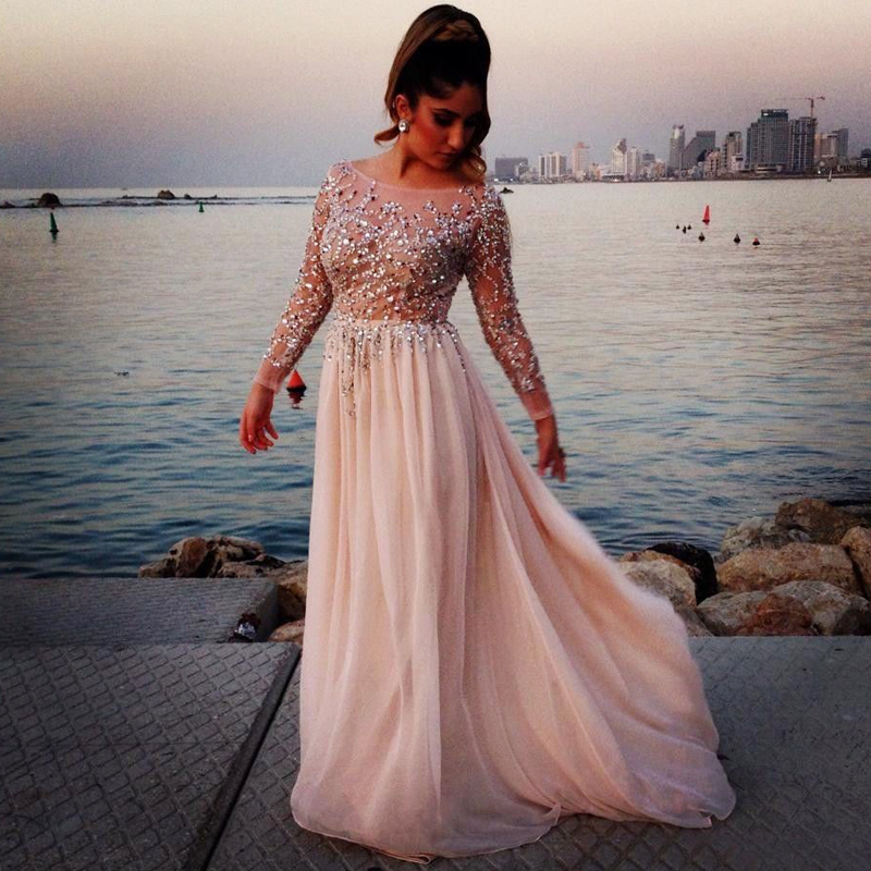Abendkleider cristal 2015 Elie Saab robe pour le bal perles longues robes avec manches uzun abiye