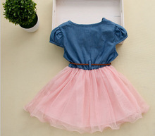 Hot selling baby clothes girl clothes denim short sleeved summer dress clothes denim jeans stitching gauze